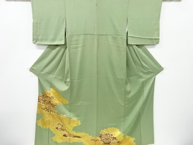 アンティーク　金彩　逆雲取りに花鳥模様刺繍一つ紋着物（比翼衿付き）